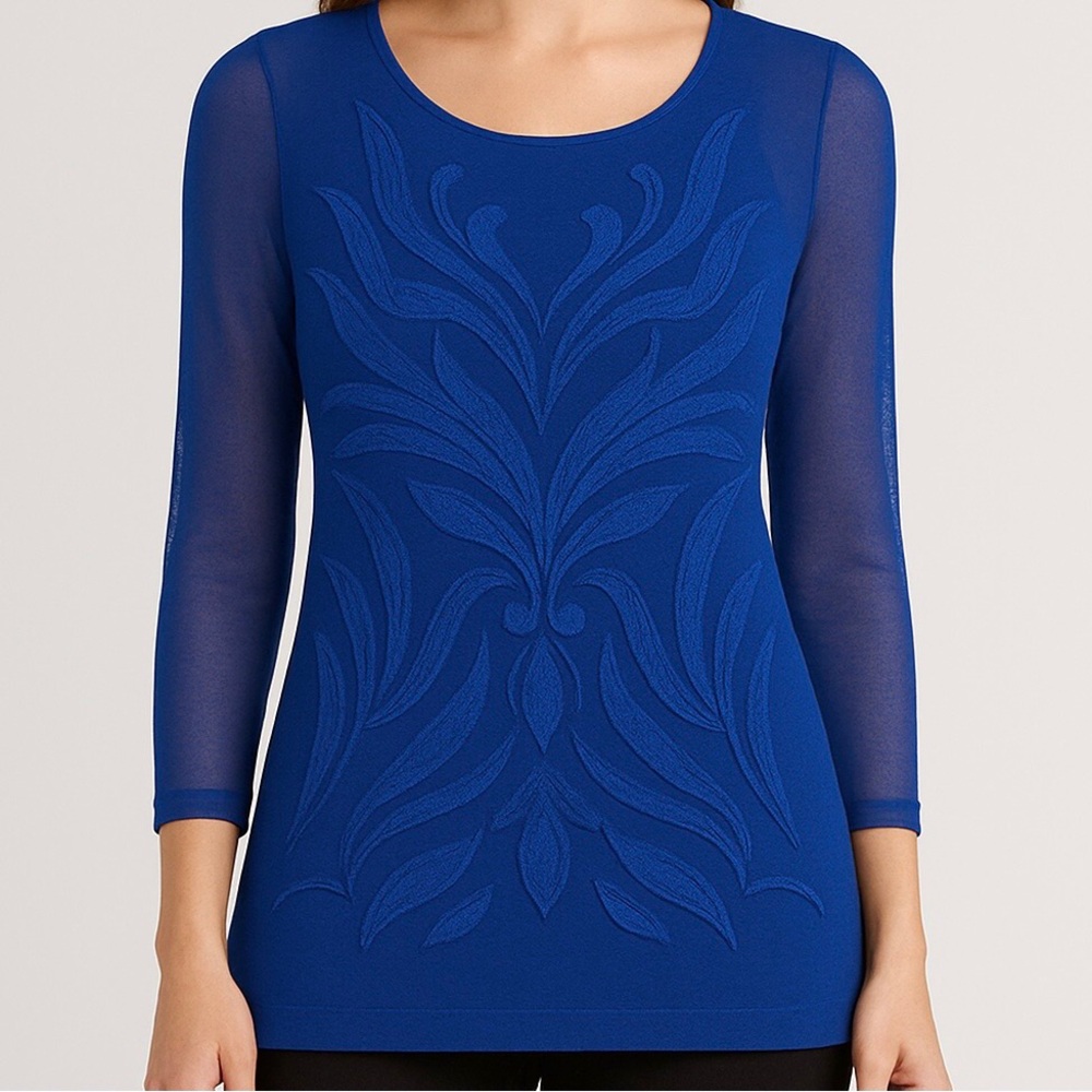 Rare Blue Embroidered Sheer Sleeve Top L Stretchy Nylon Rayon Holiday Party EUC